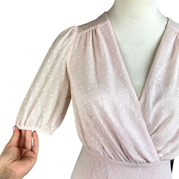 Express NWT Blush Pink Swiss Dot Puff Sleeve Asymmetrical Ruffle Mini Dress - Picture 6 of 12